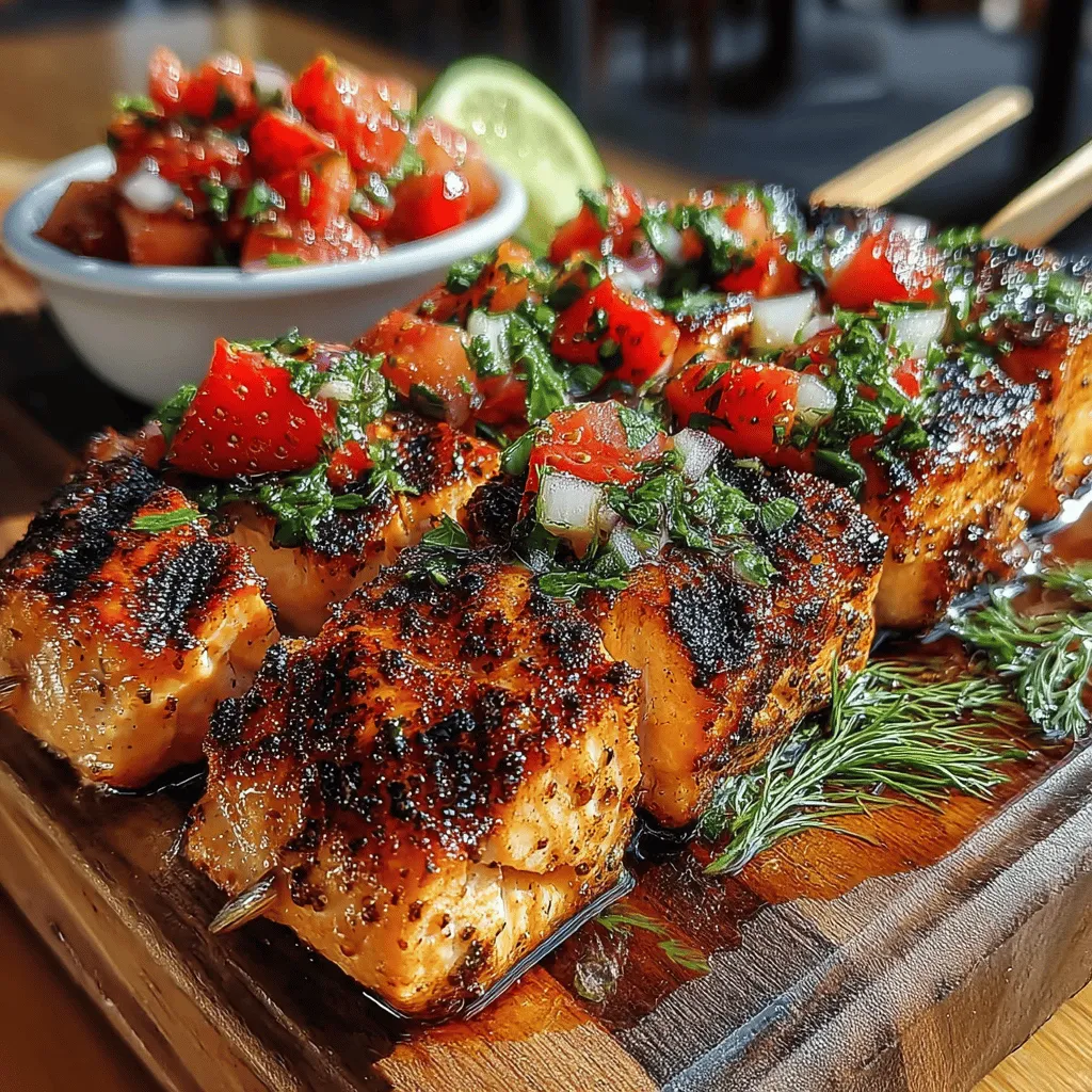 Grilled Salmon Skewers with Strawberry Salsa is a dish that perfectly embodies the essence of summer dining. The succulent, smoky flavor of grilled salmon melds beautifully with the fresh, sweet tang of strawberry salsa, creating a delightful culinary experience that is as visually appealing as it is delicious. This recipe is not only a treat for the taste buds but also a feast for the eyes, making it an ideal choice for summer gatherings, outdoor barbecues, or a refreshing weeknight dinner.