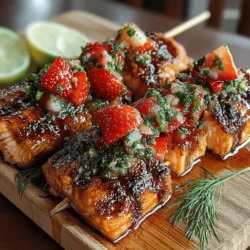 Grilled Salmon Skewers with Strawberry Salsa is a dish that perfectly embodies the essence of summer dining. The succulent, smoky flavor of grilled salmon melds beautifully with the fresh, sweet tang of strawberry salsa, creating a delightful culinary experience that is as visually appealing as it is delicious. This recipe is not only a treat for the taste buds but also a feast for the eyes, making it an ideal choice for summer gatherings, outdoor barbecues, or a refreshing weeknight dinner.