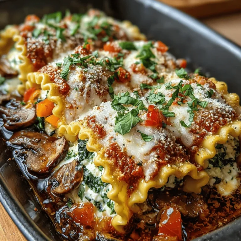 To complete your Savory Spinach Mushroom Lasagna Roll Ups, you’ll need some additional ingredients that will enhance the flavor profile of this hearty dish. The key ingredient is 2 cups of marinara sauce, which can be store-bought for convenience or homemade for a fresh, personalized touch. This rich sauce will not only add moisture but also a depth of flavor that beautifully complements the creamy filling and earthy vegetables.