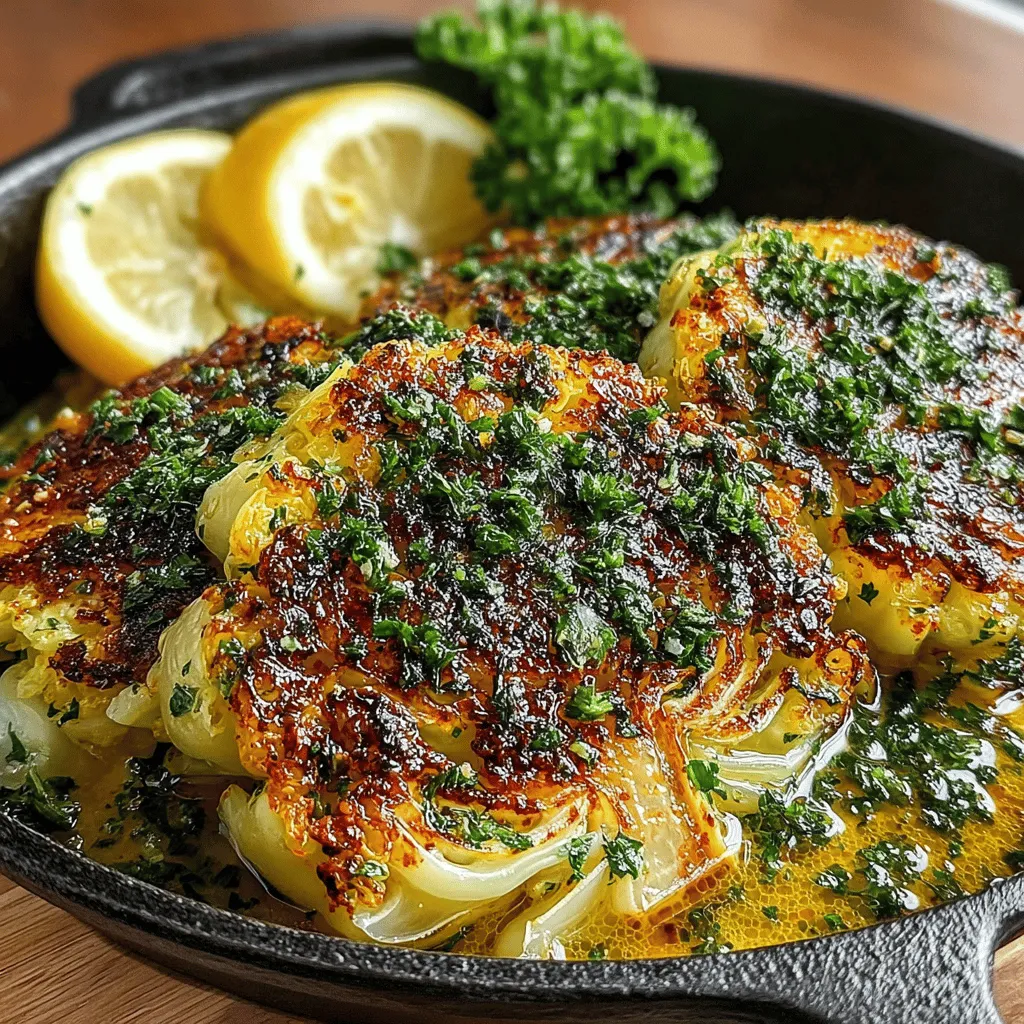 The journey to creating the perfect Sizzling Baked Cabbage Steaks starts with your oven. Preheating your oven to the right temperature is crucial for achieving that beautifully caramelized exterior and tender interior. Set your oven to <strong>425°F (220°C)</strong>. This temperature is ideal as it allows the cabbage to roast efficiently, caramelizing the natural sugars and enhancing the flavor without burning the edges.” /></p>
</p>
<h2>Prepping the Oven</h2>
</p>
<p>The journey to creating the perfect Sizzling Baked Cabbage Steaks starts with your oven. Preheating your oven to the right temperature is crucial for achieving that beautifully caramelized exterior and tender interior. Set your oven to <strong>425°F (220°C)</strong>. This temperature is ideal as it allows the cabbage to roast efficiently, caramelizing the natural sugars and enhancing the flavor without burning the edges.</p>
</p>
<p>By maintaining a consistent temperature, you ensure even baking. Using an oven thermometer can help confirm that your oven operates at the desired temperature, especially if it tends to fluctuate. An adequately preheated oven will provide the perfect environment for your cabbage steaks to develop a satisfying texture and rich taste.</p>
</p>
<h2>Preparing the Cabbage</h2>
</p>
<p>When it comes to preparing your cabbage, the key is to slice it correctly to maintain the integrity of the steaks. Start with a fresh, firm head of green cabbage. Remove any damaged outer leaves, then rinse the cabbage under cold water to clean it.</p>
</p>
<p>Next, place the cabbage on a cutting board and cut it in half from top to bottom. Lay each half flat on the board and slice it into <strong>1-inch thick steaks</strong>. You should aim for 2-3 steaks per half, depending on the size of your cabbage.</p>
</p>
<p>To keep the steaks intact, start your cut from the core side, which helps hold the layers together. If some of the outer leaves fall off, don’t worry; they can be roasted alongside the steaks for added flavor.</p>
</p>
<p>Once sliced, carefully place the cabbage steaks on a baking sheet lined with parchment paper. This will help prevent sticking and make cleanup a breeze.</p>
</p>
<h2>Creating the Garlic Butter</h2>
</p>
<p>Garlic butter is the heart of this recipe, infusing the cabbage steaks with a rich, savory flavor. To create the perfect garlic butter, you will need:</p>
</p>
<p>– <strong>1/2 cup unsalted butter</strong></p>
<p>– <strong>4 cloves of garlic, minced</strong></p>
<p>– <strong>1 teaspoon salt</strong></p>
<p>– <strong>1/2 teaspoon black pepper</strong></p>
<p>– <strong>1 tablespoon fresh parsley, chopped (optional)</strong></p>
</p>
<p>Start by melting the butter in a small saucepan over low heat. Once melted, add the minced garlic, salt, and pepper. Stir the mixture continuously to prevent the garlic from burning, as burnt garlic can impart a bitter taste. Allow the garlic to simmer in the butter for about <strong>2-3 minutes</strong> until it becomes fragrant but not browned.</p>
</p>
<p>If desired, you can add chopped fresh parsley for a burst of color and flavor. Once ready, remove the garlic butter from the heat and let it cool slightly before using it to baste the cabbage steaks.</p>
</p>
<h2>Baking the Cabbage Steaks</h2>
</p>
<p>With your oven preheated and garlic butter prepared, it’s time to bake the cabbage steaks. Brush each side of the cabbage steaks generously with the garlic butter mixture. Be sure to coat them well, as this will create a delicious caramelized crust as they bake.</p>
</p>
<p>Arrange the cabbage steaks on the baking sheet with enough space between them to ensure even roasting. Place the baking sheet in the oven and bake for <strong>20 minutes</strong>. After this time, carefully flip each steak using a spatula, ensuring they remain intact.</p>
</p>
<p>Return the baking sheet to the oven and bake for an additional <strong>15-20 minutes</strong>. The steaks are done when they are tender and caramelized on the edges. You can test for doneness by piercing the thickest part with a fork; it should slide in easily. Keep an eye on them during the last few minutes to prevent overcooking.</p>
</p>
<h2>Serving Suggestions</h2>
</p>
<p>Once your Sizzling Baked Cabbage Steaks are perfectly cooked, it’s time to serve them. These steaks are versatile and can be enjoyed in many ways. Consider garnishing them with a sprinkle of fresh herbs like parsley or chives for a pop of color and freshness.</p>
</p>
<p>For an added layer of flavor and texture, you might also drizzle a bit of balsamic glaze over the top before serving. This tangy addition contrasts beautifully with the richness of the garlic butter.</p>
</p>
<p>Cabbage steaks pair wonderfully with various side dishes. Consider serving them alongside a light quinoa salad with cherry tomatoes and cucumbers or a platter of roasted vegetables like carrots, bell peppers, and zucchini. These sides complement the cabbage’s flavors and add nutritional value to your meal.</p>
</p>
<h2>Exploring Variations and Customizations</h2>
</p>
<p>One of the best aspects of Sizzling Baked Cabbage Steaks is their adaptability. Feel free to experiment with different spices and herbs to suit your taste. For a Mediterranean twist, consider adding oregano, thyme, or even a pinch of red pepper flakes for heat.</p>
</p>
<p>If you enjoy cheese, top the cabbage steaks with crumbled feta or shredded mozzarella during the last few minutes of baking for a delicious melty addition. For a satisfying crunch, you can sprinkle some seasoned breadcrumbs over the top before baking. This will create a delightful texture contrast.</p>
</p>
<p>For those who love smoky flavors, grilling cabbage steaks is a fantastic alternative to baking. Brush the cabbage with garlic butter and place it on a hot grill. Cook for about <strong>5-7 minutes per side</strong>, monitoring closely to avoid charring, and enjoy the distinct smoky essence that grilling imparts.</p>
</p>
<h2>Pairing Suggestions</h2>
</p>
<p>When it comes to pairing your Sizzling Baked Cabbage Steaks, consider side dishes that enhance their flavors. A refreshing quinoa salad with a lemon vinaigrette can offer a zesty contrast to the rich garlic butter. Alternatively, roasted vegetables bring warmth and earthiness, creating a balanced plate.</p>
</p>
<p>In terms of beverages, the rich flavors of the garlic butter and caramelized cabbage pair beautifully with a glass of <strong>dry white wine</strong>, such as Sauvignon Blanc or Chardonnay. If you prefer non-alcoholic options, a soothing herbal tea, like chamomile or lemon balm, complements the dish without overpowering it.</p>
</p>
<h2>Nutritional Information</h2>
</p>
<p>Sizzling Baked Cabbage Steaks are not only delicious but also packed with nutrients. Here’s a brief overview of the nutritional content per serving (based on 2 cabbage steaks with garlic butter):</p>
</p>
<p>– <strong>Calories</strong>: 150</p>
<p>– <strong>Total Fat</strong>: 12g</p>
<p>– <strong>Saturated Fat</strong>: 7g</p>
<p>– <strong>Cholesterol</strong>: 30mg</p>
<p>– <strong>Sodium</strong>: 600mg</p>
<p>– <strong>Total Carbohydrates</strong>: 9g</p>
<p>– <strong>Dietary Fiber</strong>: 4g</p>
<p>– <strong>Sugars</strong>: 2g</p>
<p>– <strong>Protein</strong>: 2g</p>
</p>
<p>Cabbage is low in calories and high in fiber, making it a perfect choice for those looking to maintain a balanced diet. It’s rich in vitamins C and K, and its antioxidants contribute to overall health. The addition of garlic adds heart-healthy benefits, making this dish not only tasty but also nutritious.</p>
</p>
<h2>Conclusion</h2>
</p>
<p>Sizzling Baked Cabbage Steaks with Garlic Butter are a delightful and healthy dish that showcases the versatility of cabbage. The combination of the savory garlic butter and the natural sweetness of roasted cabbage creates a flavor profile that is both satisfying and nourishing.</p>
</p>
<p>We encourage you to experiment with the base recipe, adding your favorite spices, cheeses, or toppings to make it uniquely yours. This dish serves as a wonderful addition to any meal, whether as a main course or a hearty side dish. Enjoy the process of cooking and the delicious results that come with it—your taste buds will thank you!</p>
</div>
